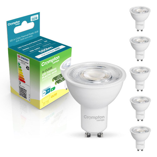 Crompton Lamps LED Ultra-Efficient GU10 Spotlight 3W A-Class (5 Pack) Warm White 36° (75W Eqv) 5 Crompton Lamps LED Ultra-Efficient GU10 Spotlight 3W A-Class (5 Pack) Warm White 36° (75W Eqv) 5