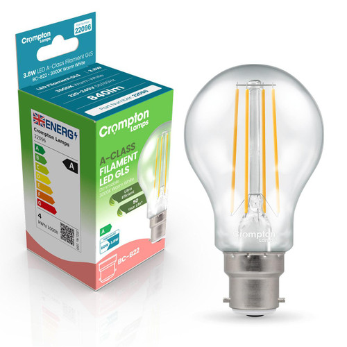 Crompton Lamps LED Ultra-Efficient GLS 3.8W B22 Dimmable A-Class Warm White Clear (60W Eqv) 2 Crompton Lamps LED Ultra-Efficient GLS 3.8W B22 Dimmable A-Class Warm White Clear (60W Eqv) 2