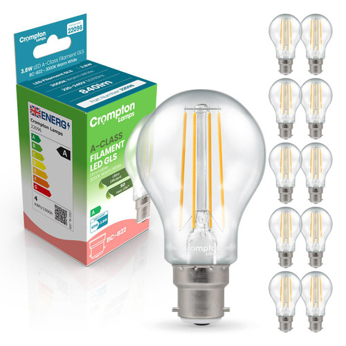Crompton LED Ultra-Efficient GLS 3.8W B22 Dimmable A-Class (10 Pack) Warm White Clear (60W Eqv) 3