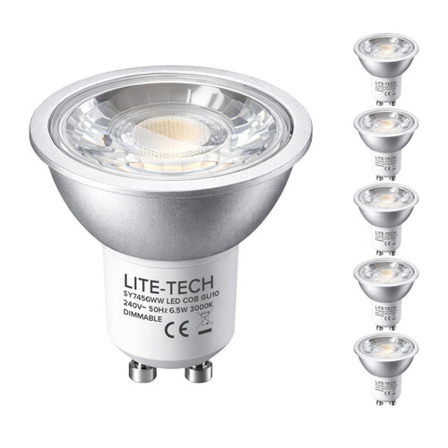 LiteTech LED GU10 Spotlight Bulbs 6.5W Dim Warm White 3000K Halogen Replacement COB (5 Pack)