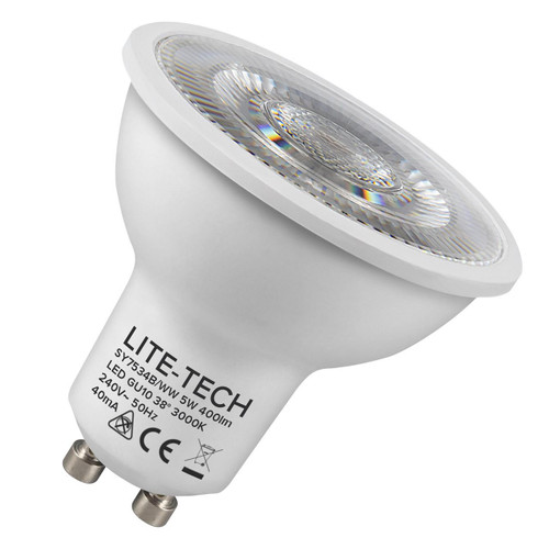 Lite-Tech LED GU10 Spotlight Light Bulb 5W (50W Eqv) Warm White 3000K Halogen Replacement