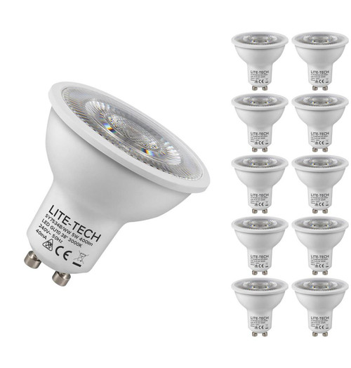 Lite-Tech LED GU10 Spotlight Bulbs 5W (50W Eqv) Warm White 3000K Halogen Replacement COB (10 Pack)