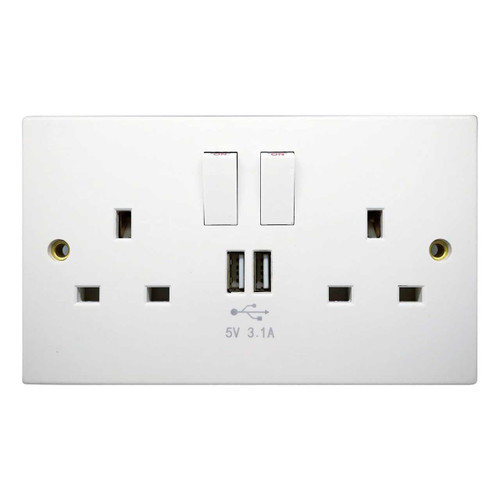 Opus 2-Gang 13 Amp Socket 2x USB Switched in White 1