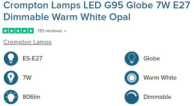 Crompton Lamps LED G95 Globe 7W E27 Dimmable Warm White Opal