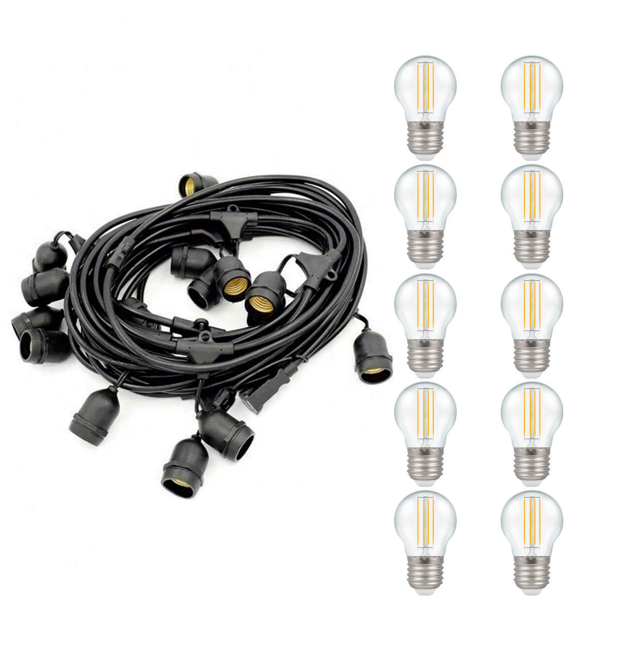 nxt gen Premium 10m Connectible Outdoor Festoon Lights 20x E27 Drop Sockets with Cool White LED Golfball Light Bulbs