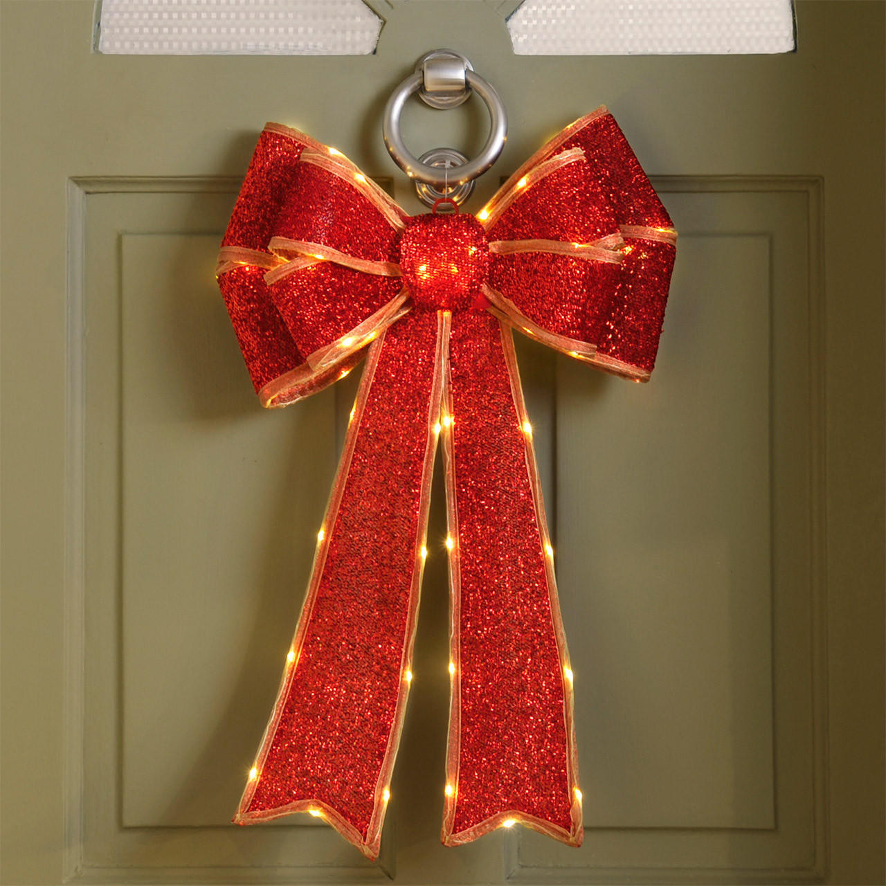 Festive Red Battery Operated Christmas Door Bow with 84 Warm White LEDs