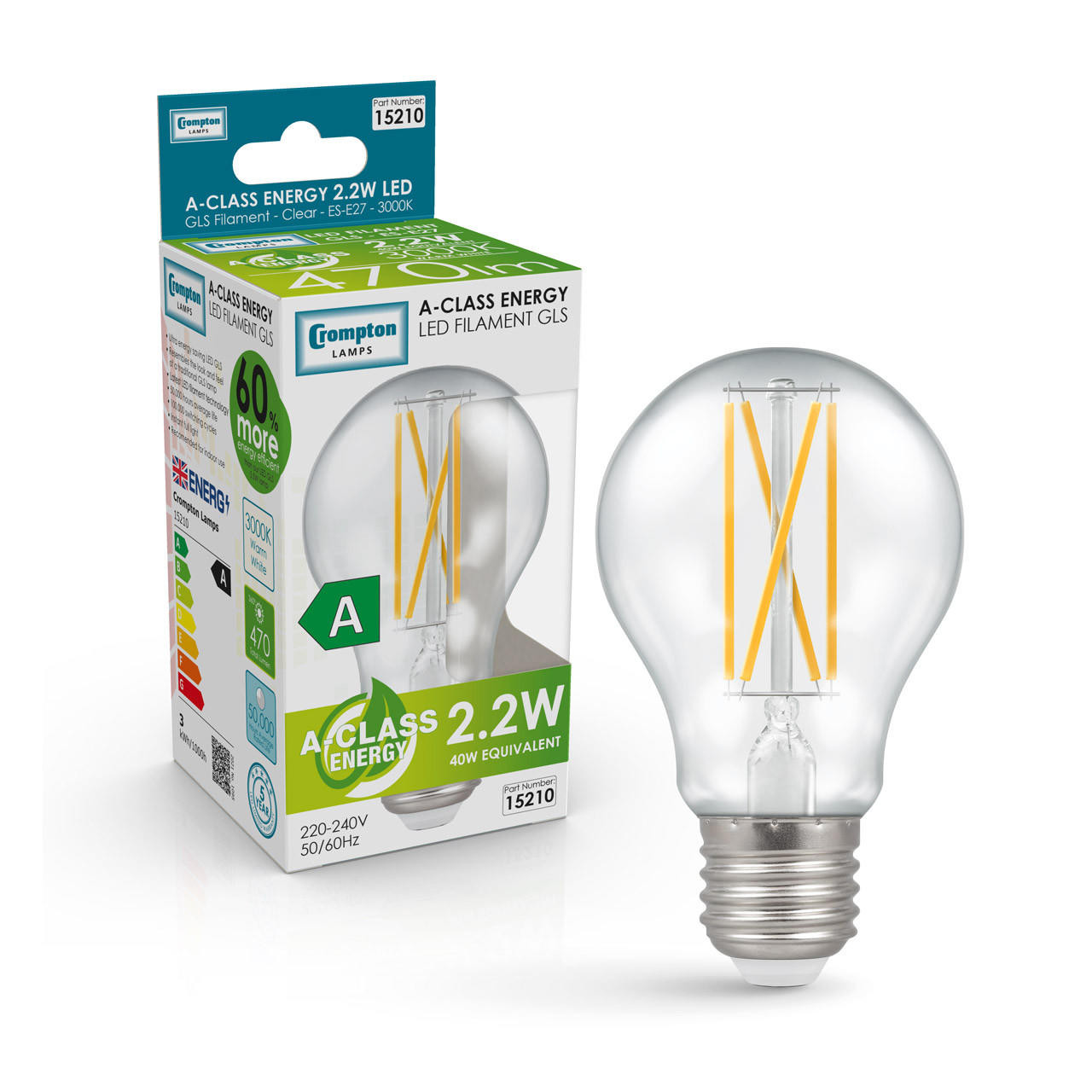Crompton Lamps LED Ultra-Efficient GLS 2.2W E27 A-Class Warm White Clear (40W Eqv)
