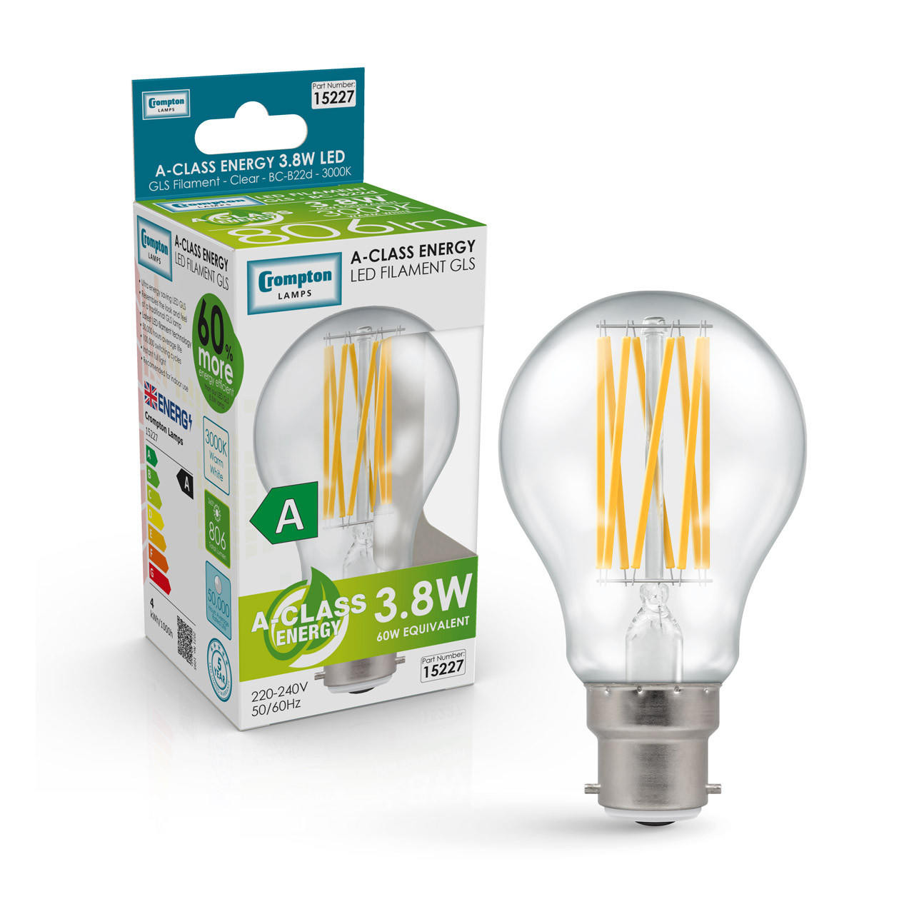Crompton Lamps LED Ultra-Efficient GLS 3.8W B22 A-Class Warm White Clear (60W Eqv)
