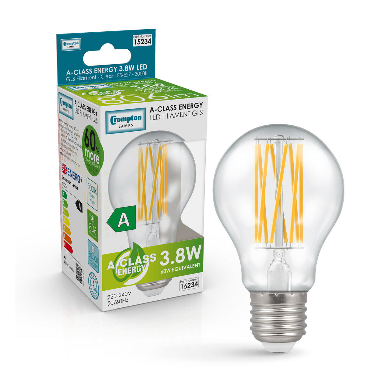 Crompton Lamps LED Ultra-Efficient GLS 3.8W E27 A-Class Warm White Clear (60W Eqv)