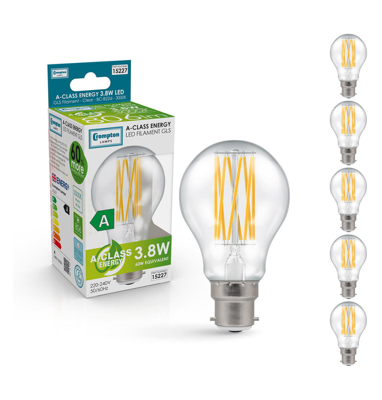 Crompton Lamps LED Ultra-Efficient GLS 3.8W B22 A-Class (5 Pack) Warm White Clear (60W Eqv)