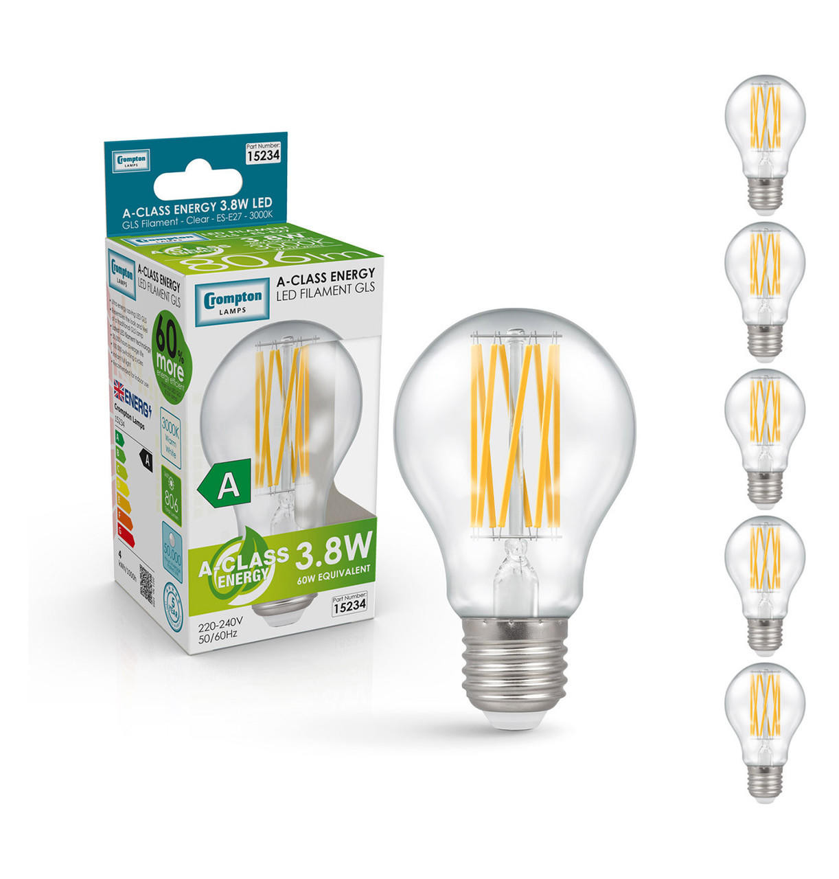 Crompton Lamps LED Ultra-Efficient GLS 3.8W E27 A-Class (5 Pack) Warm White Clear (60W Eqv)