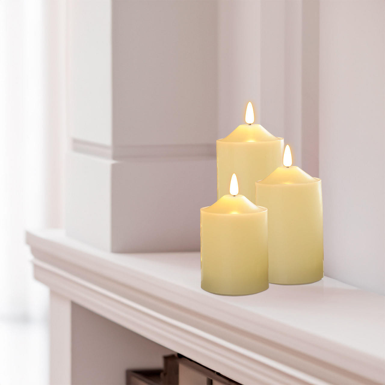 Festive Battery Operated Wax Firefly Pillar Candles With Timer Ivory (Pack Of 3)