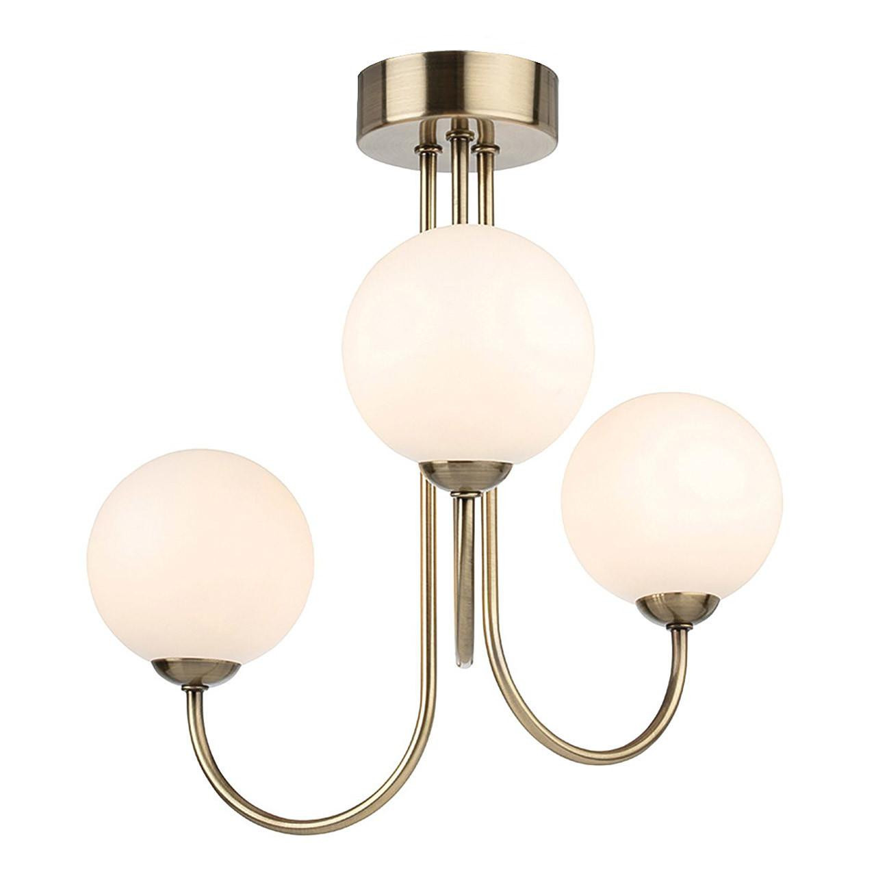 Firstlight Lyndon Art Deco Style 3-Light Semi-Flush Ceiling Light in Antique Brass and Opal Glass