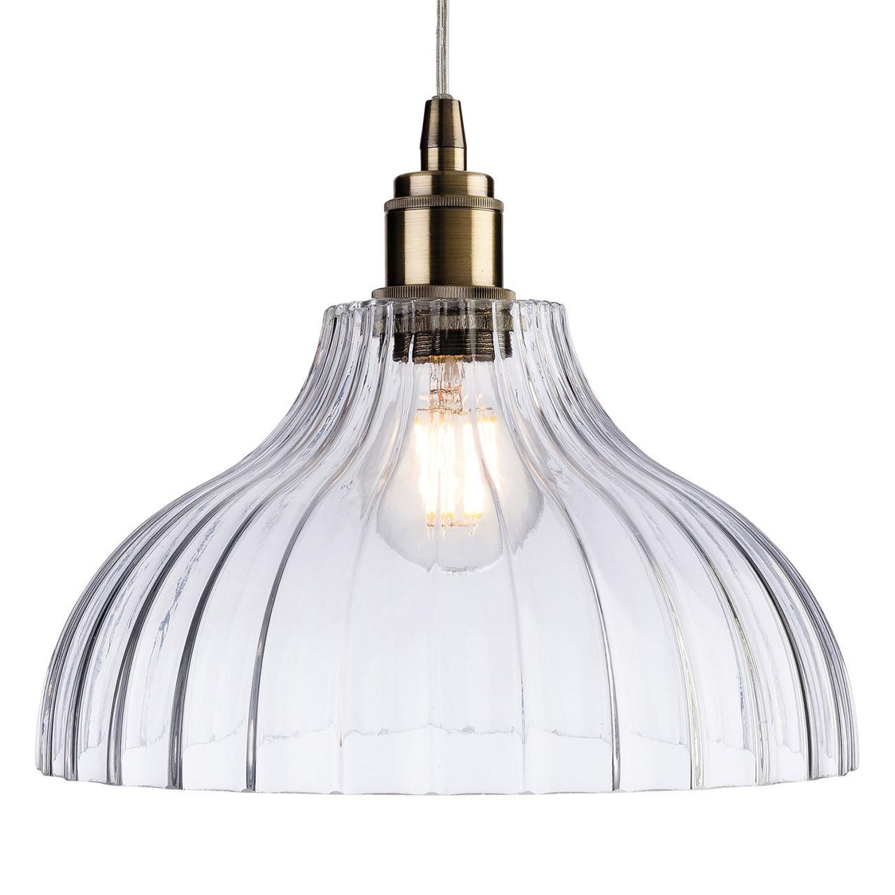 Firstlight Victory Ribbed-Effect Style 28cm Pendant Light in Antique Brass and Clear Ribbed Glass