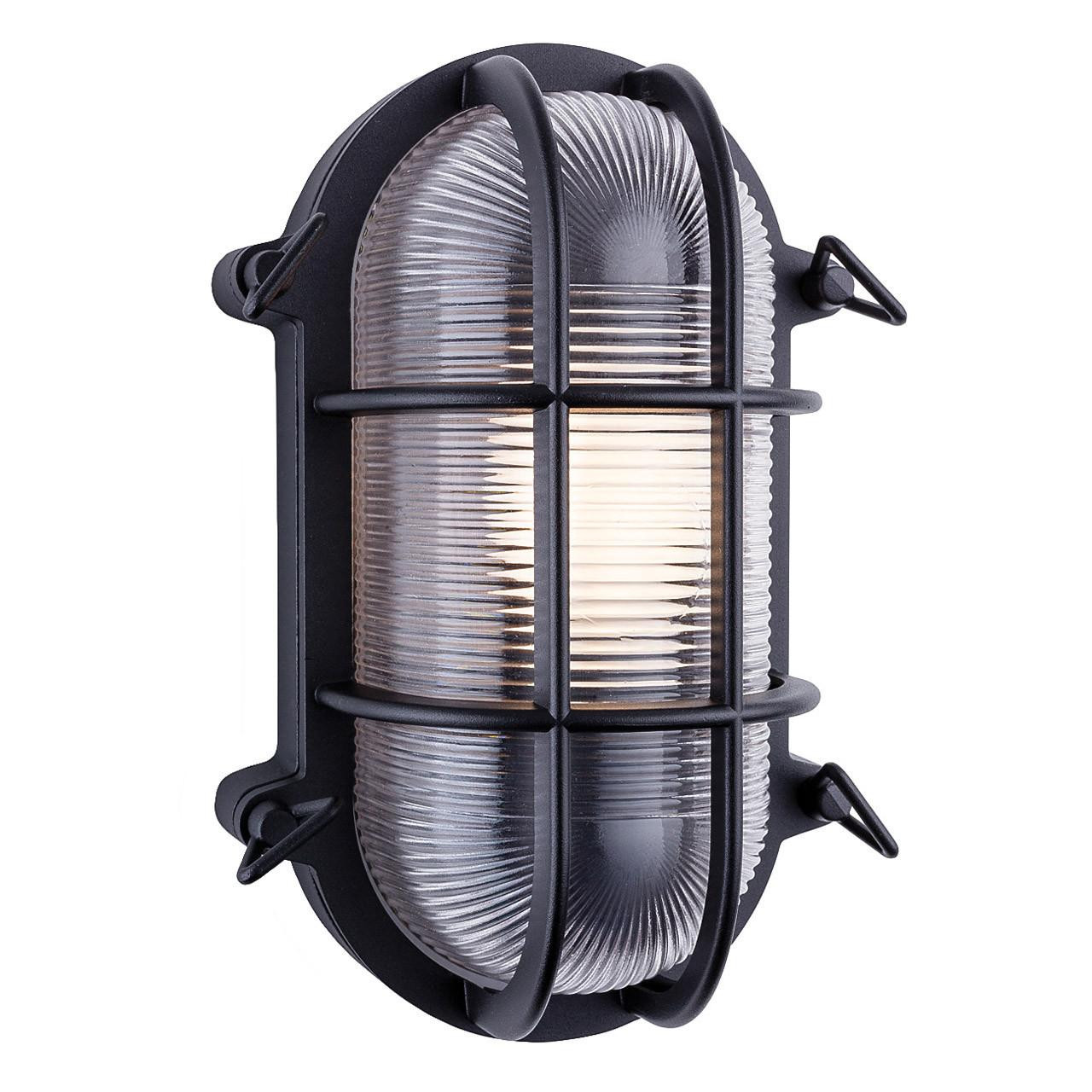 Firstlight Turin Retro Style Oval Bulkhead in Black and Clear Ribbed Glass