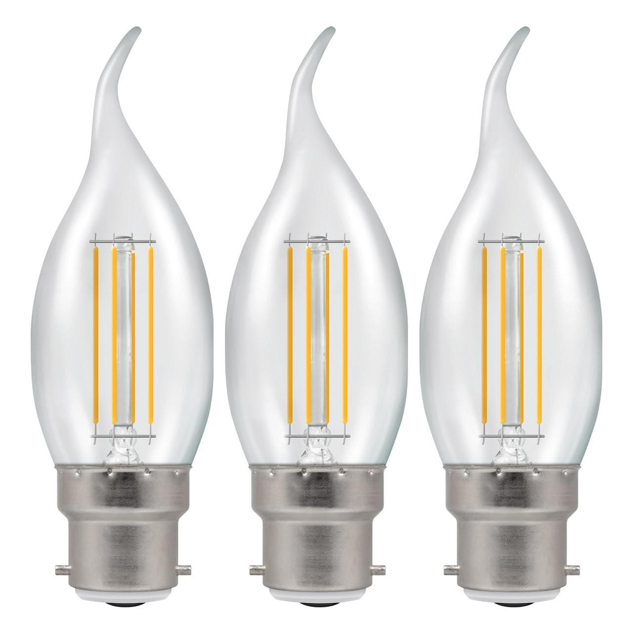 Crompton LED Bent Tip Candle Light Bulbs B22 4.2W Warm White 2700K Bayonet Flame Tip Clear (3 Pack)