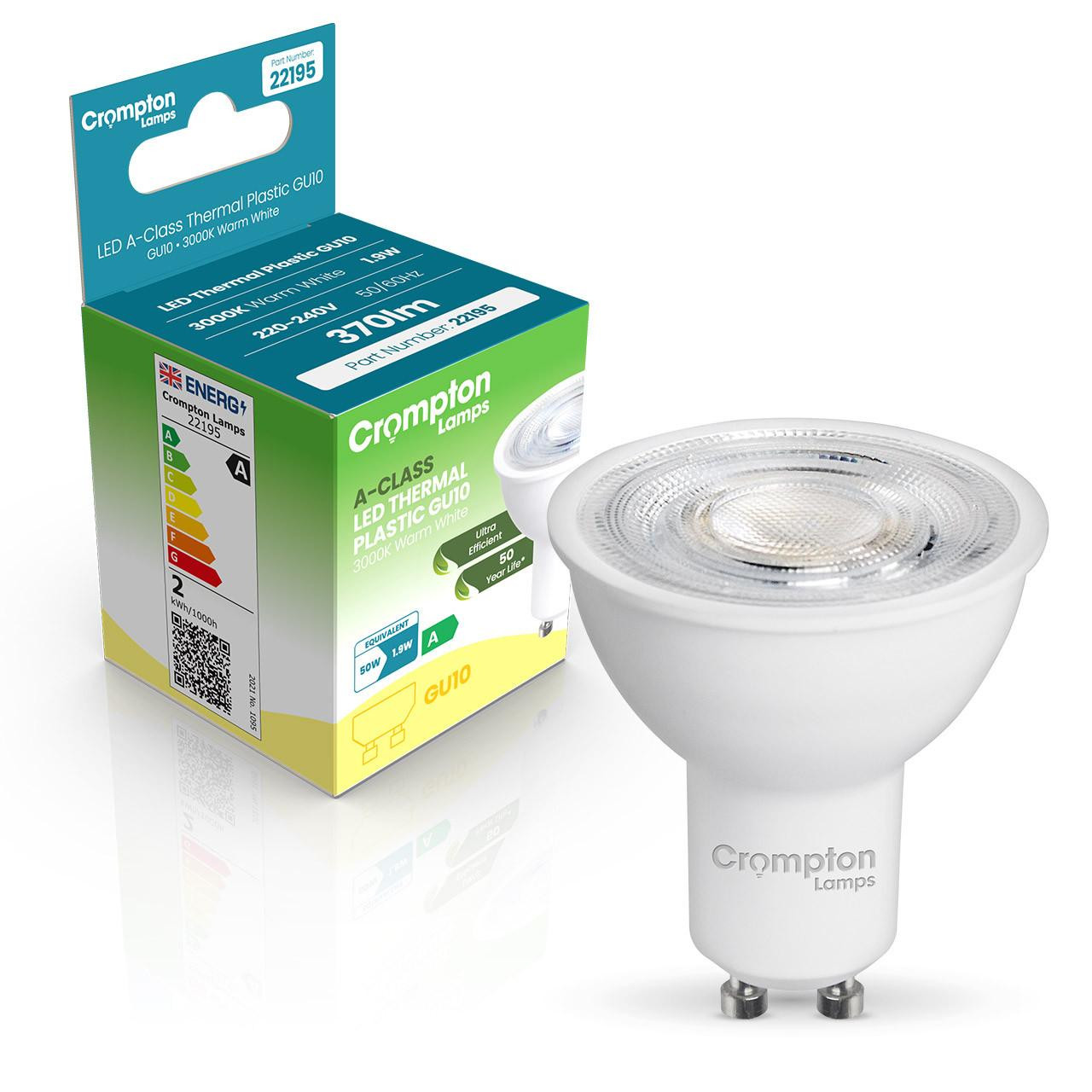 Crompton Lamps LED Ultra-Efficient GU10 Spotlight 1.9W A-Class Warm White 36° (50W Eqv)