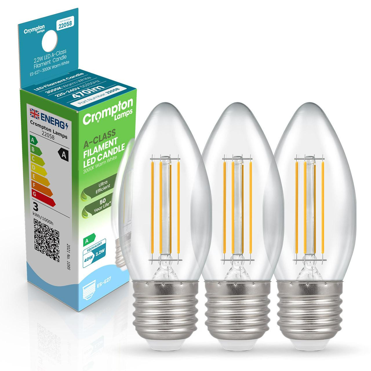 Crompton Lamps LED Ultra-Efficient Candle 2.2W E27 A-Class (3 Pack) Warm White Clear (40W Eqv)