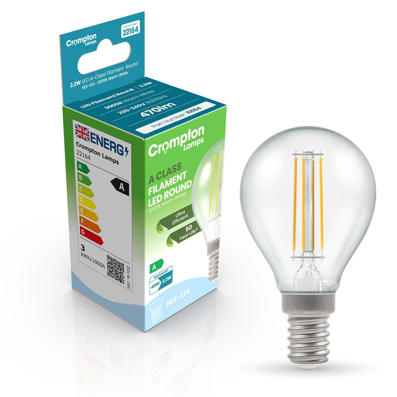 Crompton Lamps LED Ultra-Efficient Golfball 2.2W E14 A-Class Warm White Clear (40W Eqv)