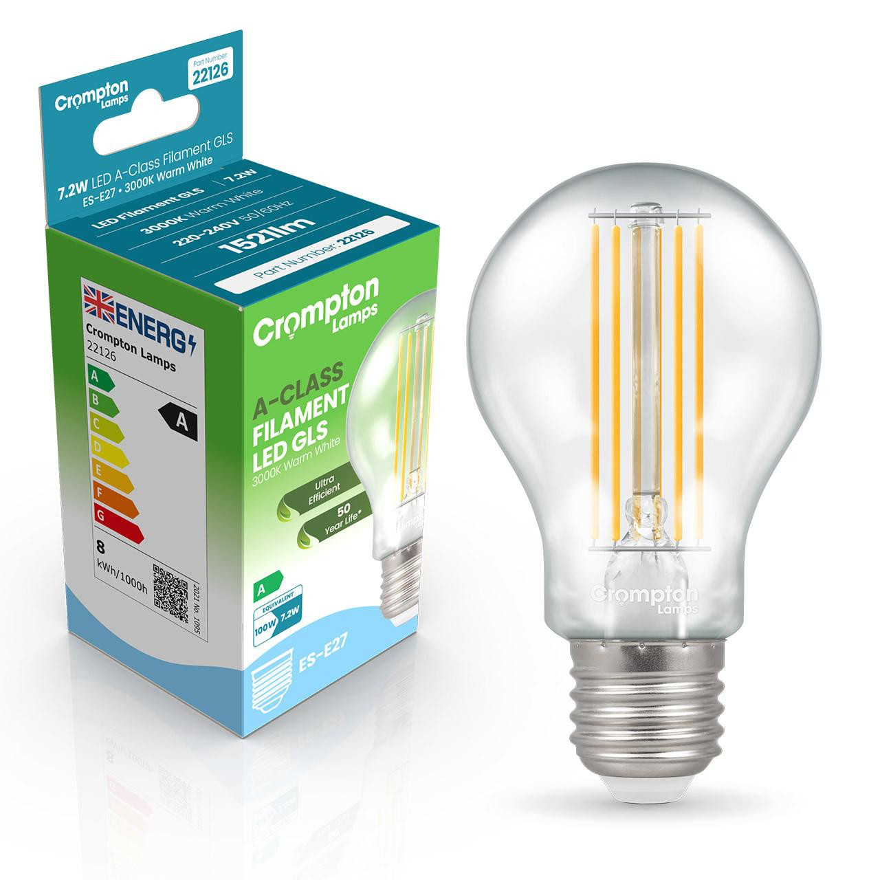 Crompton Lamps LED Ultra-Efficient GLS 7.2W E27 A-Class Warm White Clear (100W Eqv)