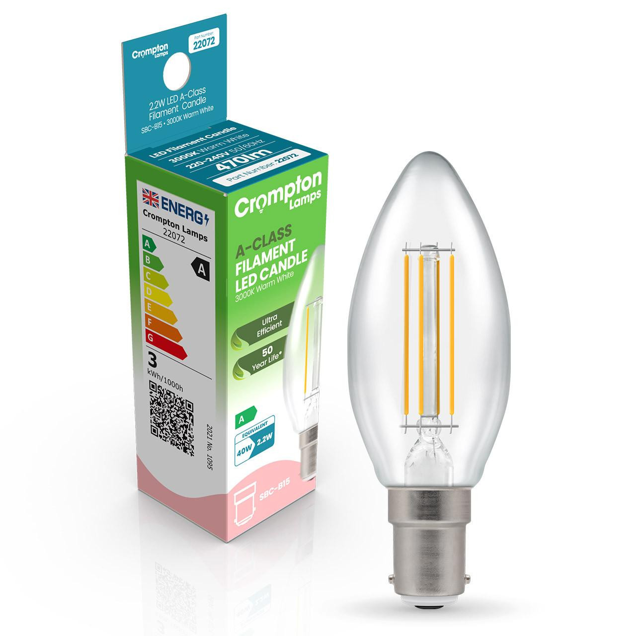 Crompton Lamps LED Ultra-Efficient Candle 2.2W B15 A-Class Warm White Clear (40W Eqv)