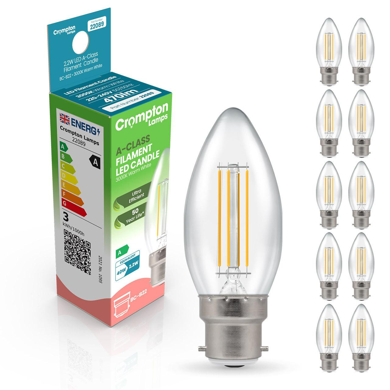 Crompton Lamps LED Ultra-Efficient Candle 2.2W B22 A-Class (10 Pack) Warm White Clear (40W Eqv)