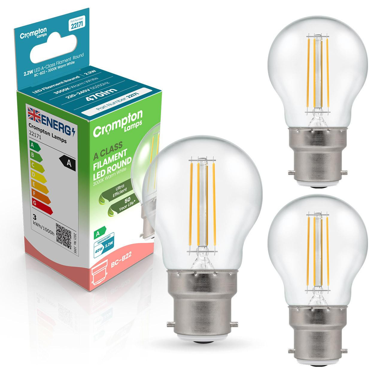 Crompton Lamps LED Ultra-Efficient Golfball 2.2W B22 A-Class (3 Pack) Warm White Clear (40W Eqv)