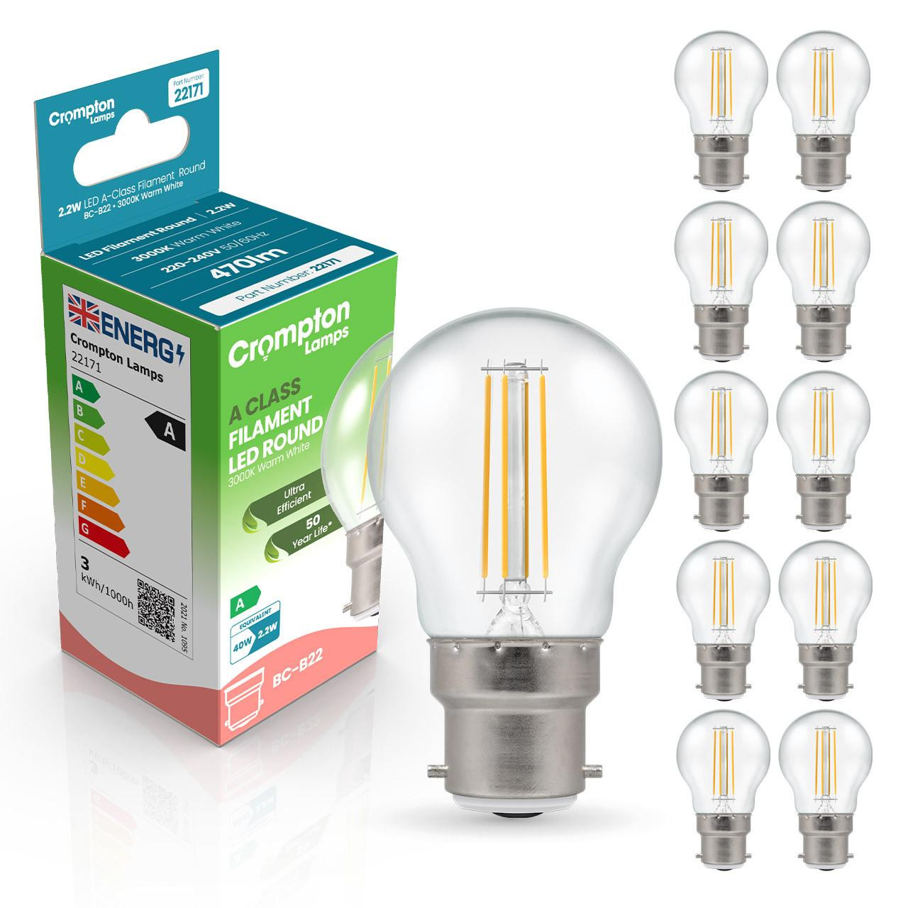 Crompton Lamps LED Ultra-Efficient Golfball 2.2W B22 A-Class (10 Pack) Warm White Clear (40W Eqv)