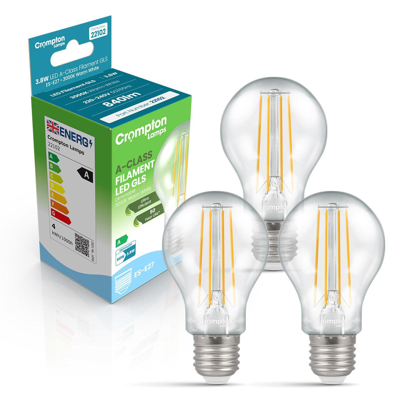 Crompton LED Ultra-Efficient GLS 3.8W E27 Dimmable A-Class (3 Pack) Warm White Clear (60W Eqv)