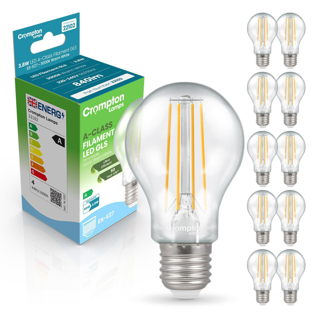 Crompton LED Ultra-Efficient GLS 3.8W E27 Dimmable A-Class (10 Pack) Warm White Clear (60W Eqv)