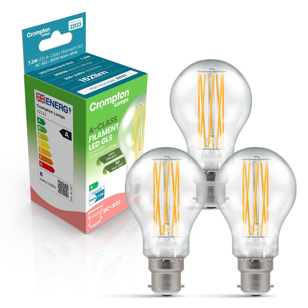 Crompton LED Ultra-Efficient GLS 7.2W B22 Dimmable A-Class (3 Pack) Warm White Clear (100W Eqv)