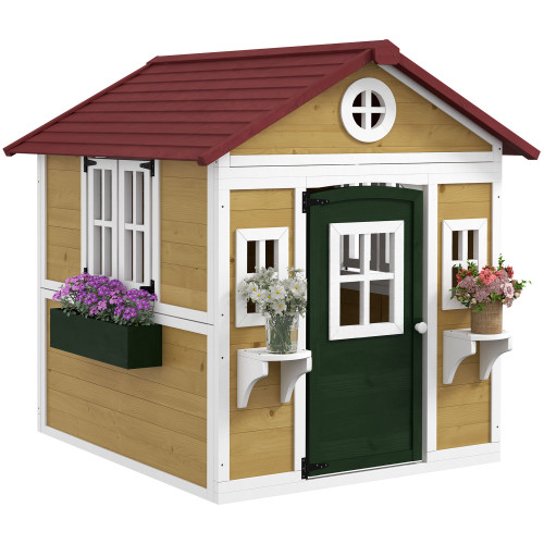 Outsunny Wooden Playhouse for Kids Outdoor, Doors, Windows, Planter Pots, Beige, Toddlers 3-8 Years(D01027558Z8.)