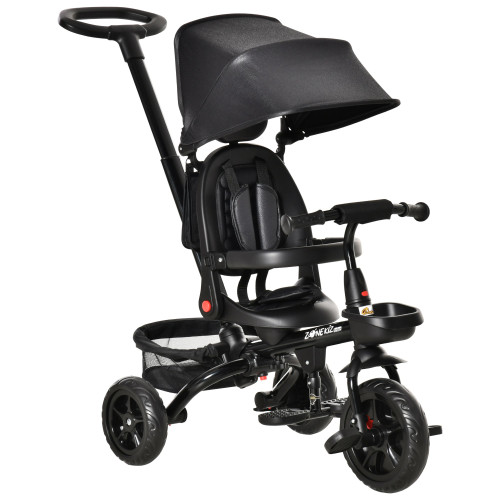 Qaba 4 In 1 Black Childs Tricycle with Push Handle Rotatable Seat Canopy Storage(D0102757EUX.)