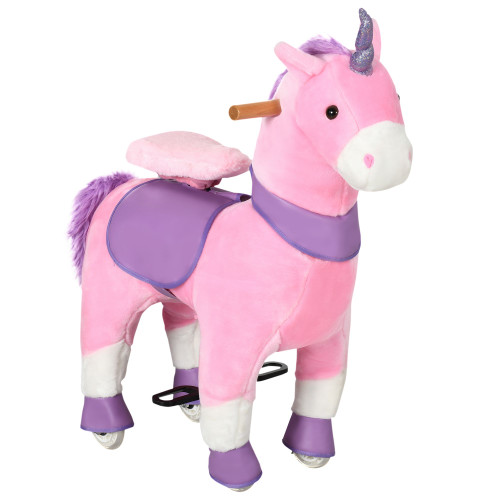 Qaba Kids Ride On Unicorn Walking Horse, Mechanical Pony Toy with Wheels, Gift for 3-6 Years Girls Boys, Pink(D0102755Y32.)
