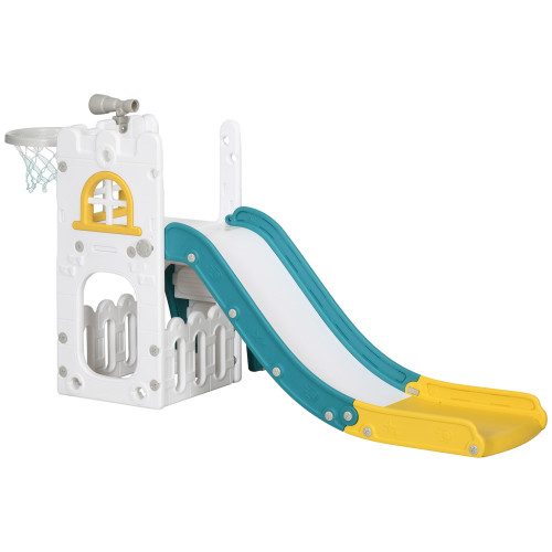 Qaba 4-in-1 Toddler Slide, Yellow, for Ages 1-3, with Basketball Hoop, Climber, Telescope, Storage Baskets(D0102755WW2.)