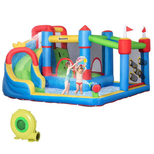 Outsunny Inflatable Water Slide Park 6-in-1 Kids Bounce House Castle with Pool Cannon Slide Trampoline Throwing Wall 450W Blower(D0102755YWJ.)
