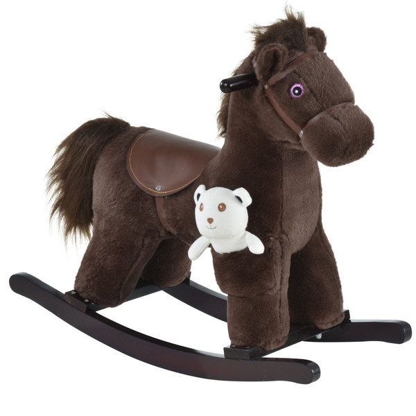 Qaba Brown Plush Rocking Horse for Toddlers, Nursery Rocker with Animal Sounds, Cozy & Soft Toy for Playtime, 18-36 Months(D0102757RE2.)