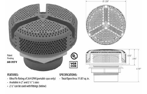 Waterway 5" Suction Fitting, 2-1/2" Slip, White | 640-3930 VP