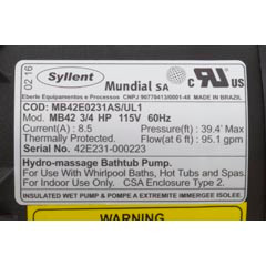 Misc Vendor Pump, Syllent, 0.75 Horsepower, 115v, Nema Plug | MB42E0231AS/UL1