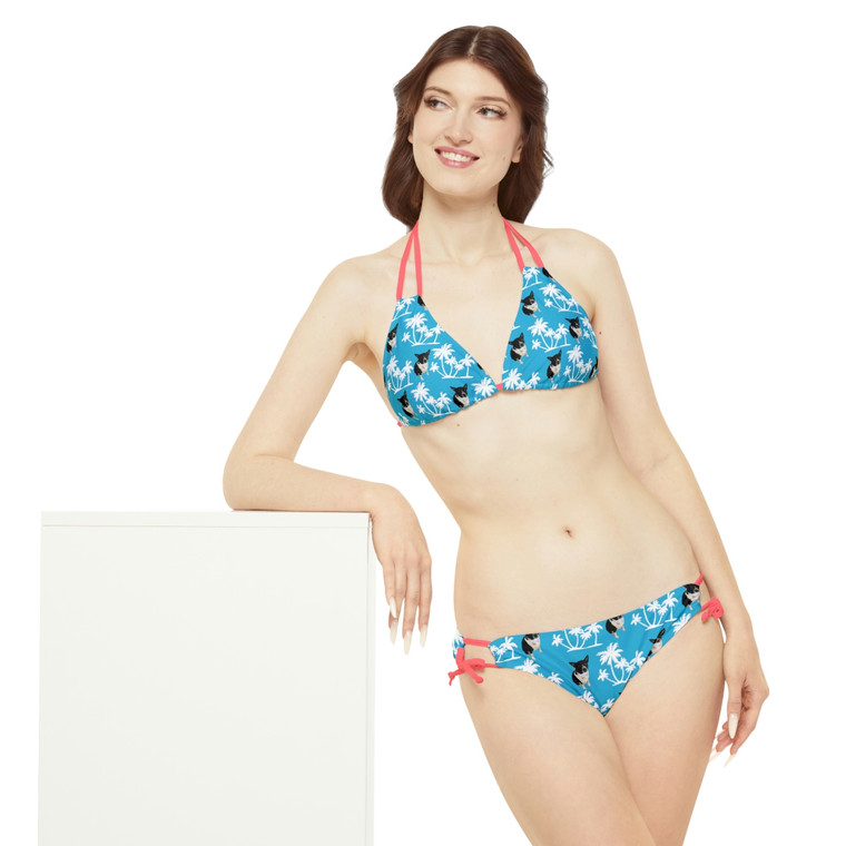 Customized Pet Photo On Teal Bikini With Palm Trees