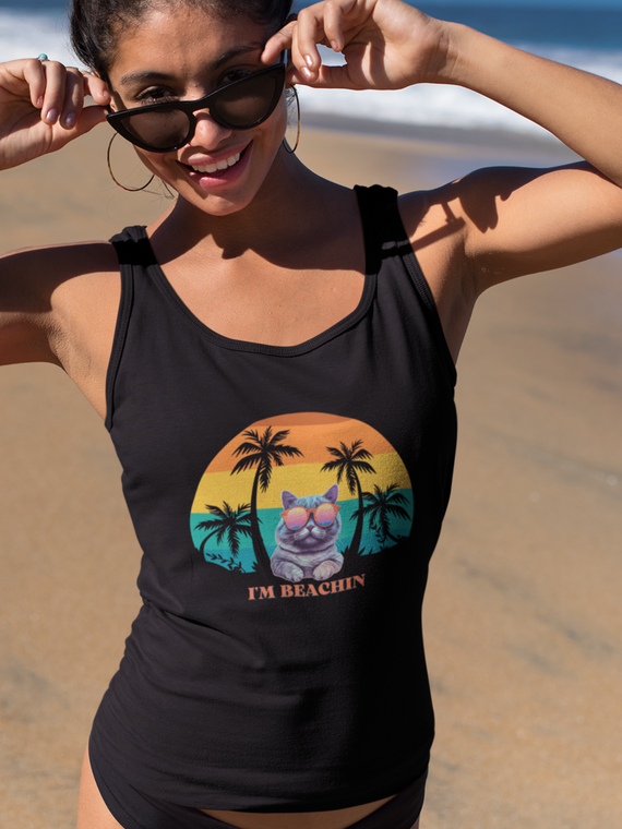 "I'm Beachin" Summer Cat tank top, Funny Summer Tank Top, Women's Beach Racerback Tank
