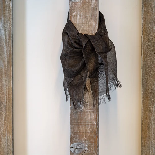 This gossamer silk shawls were designed by Kaori Maki of Japan and handwoven in India. Malda and Tassar Silk, dyes/harad, Indigo, 86" x 25"