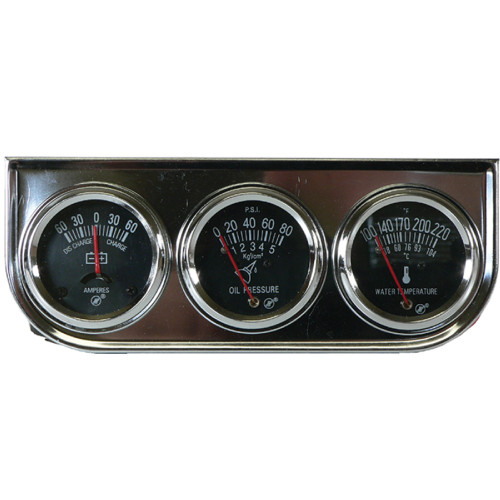 MECHANICAL TRIPLE CLUSTER GAUGE SET AMP-OIL-WATER / LIGHTED CHROME