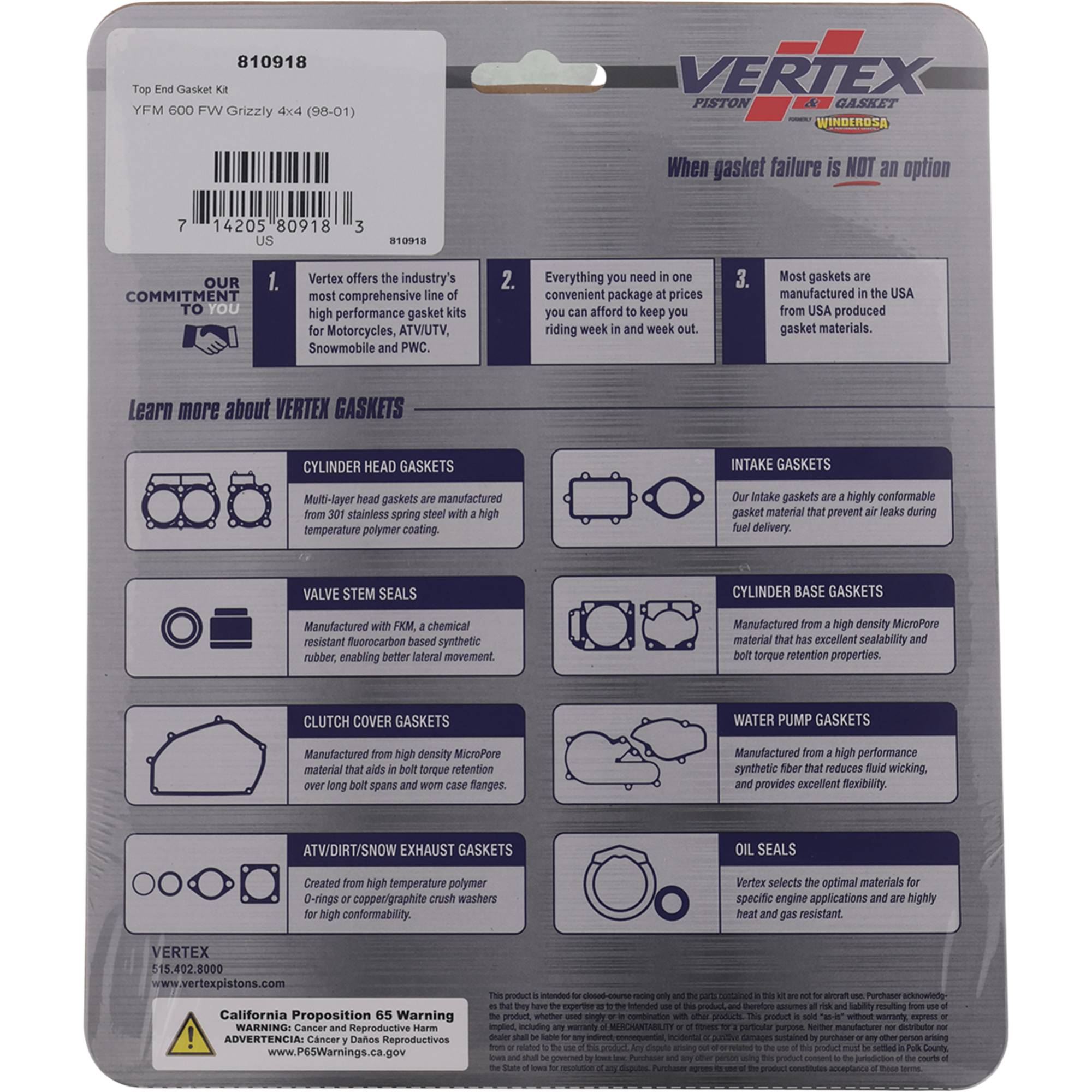 Top End Gasket Kit for Yamaha YFM600 Grizzly 98MM OB 1998 - 2001 600cc