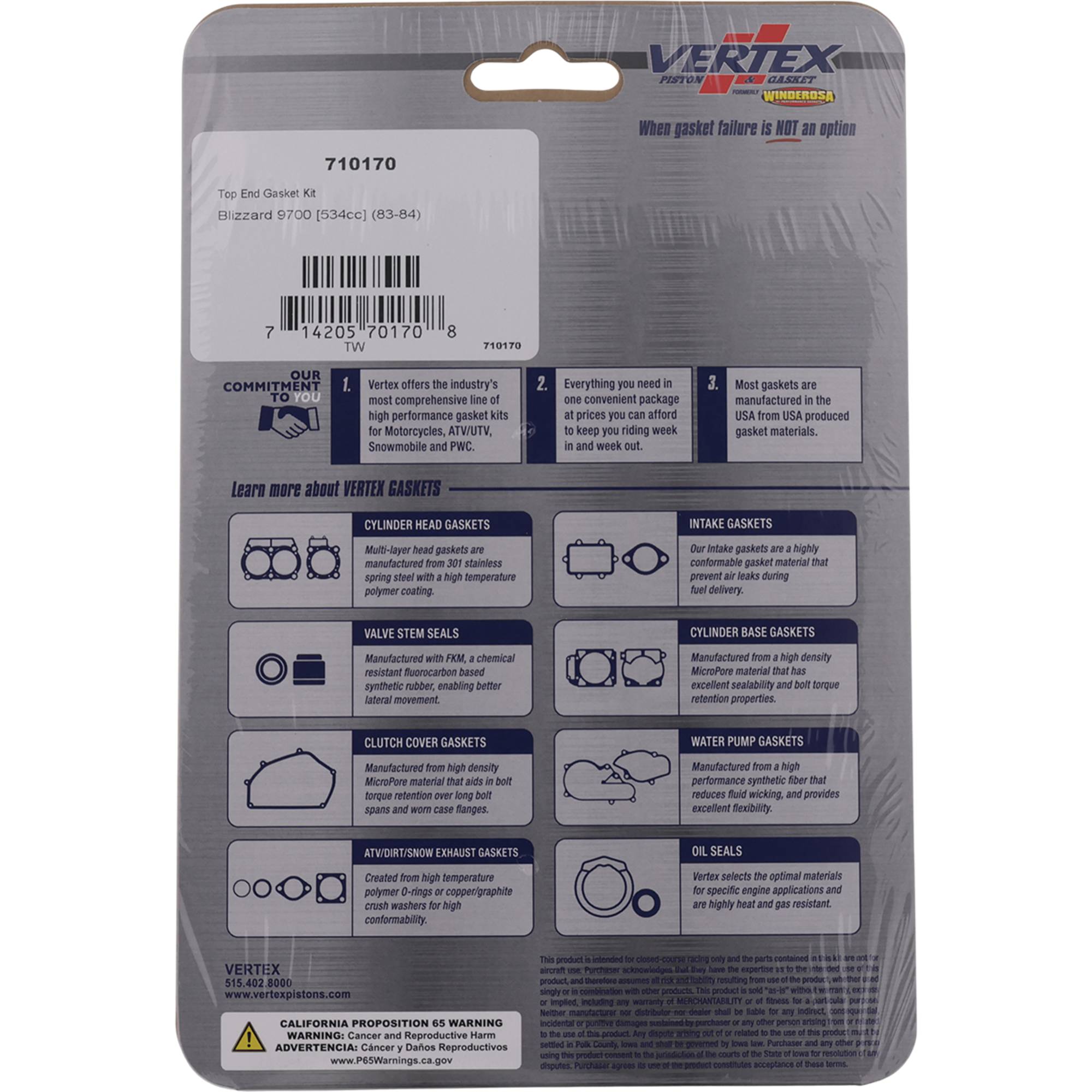 Vertex Full Top Gasket Set (710170) for Ski-Doo Blizzard 9700 83 84