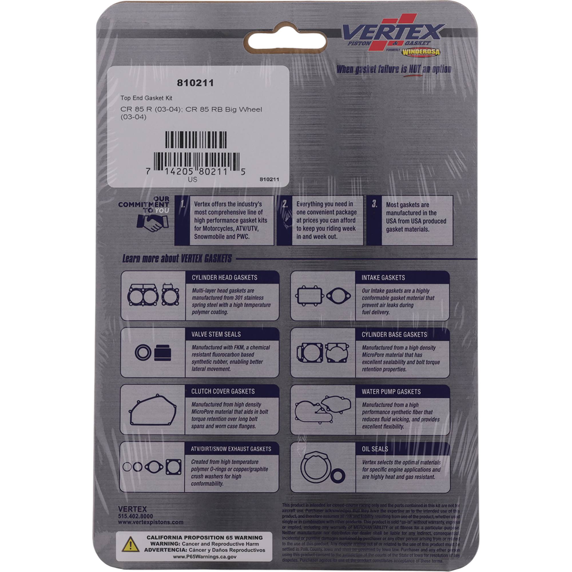 Winderosa Top End Gasket Kit for Honda CR85R/RB 2003 - 2004 85cc