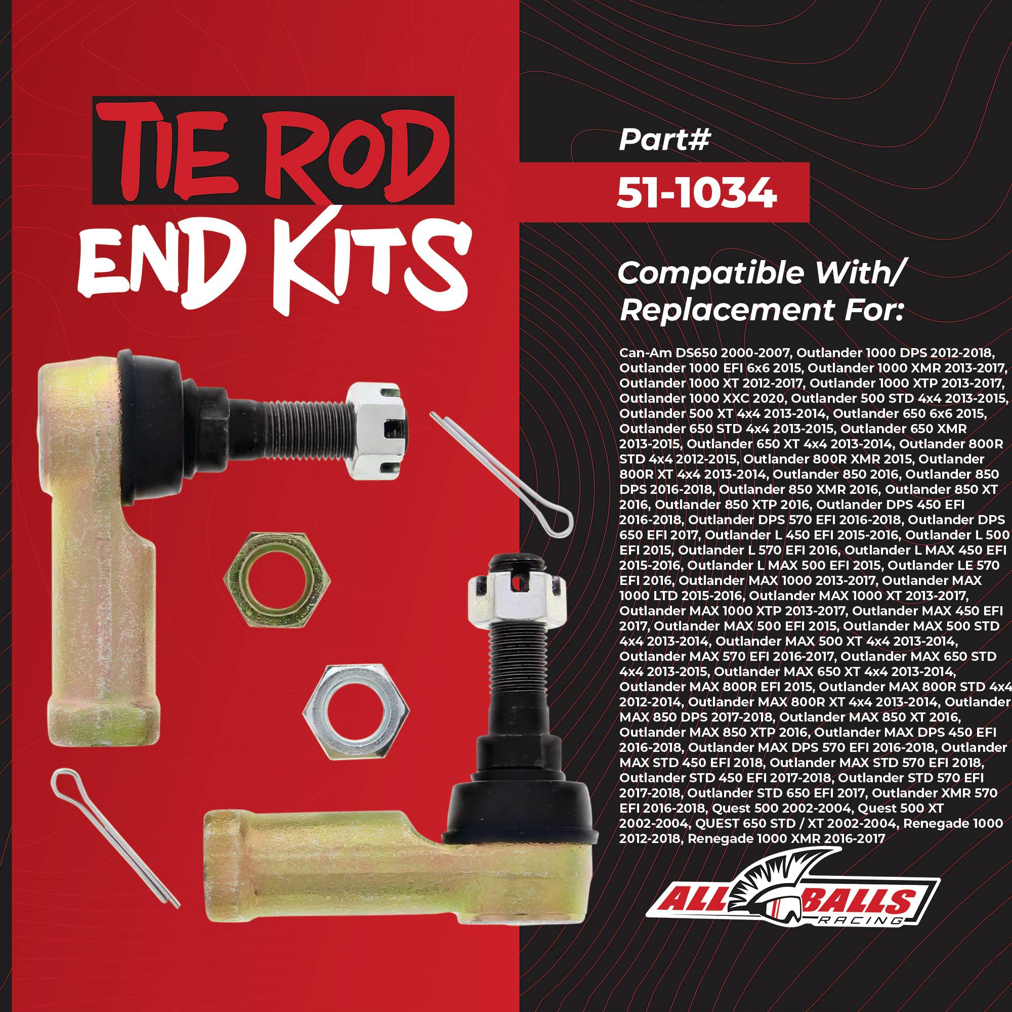 Outer Only Tie Rod End Kit for Can-Am Outlander 1000 Efi 6X6 15, 51-1034