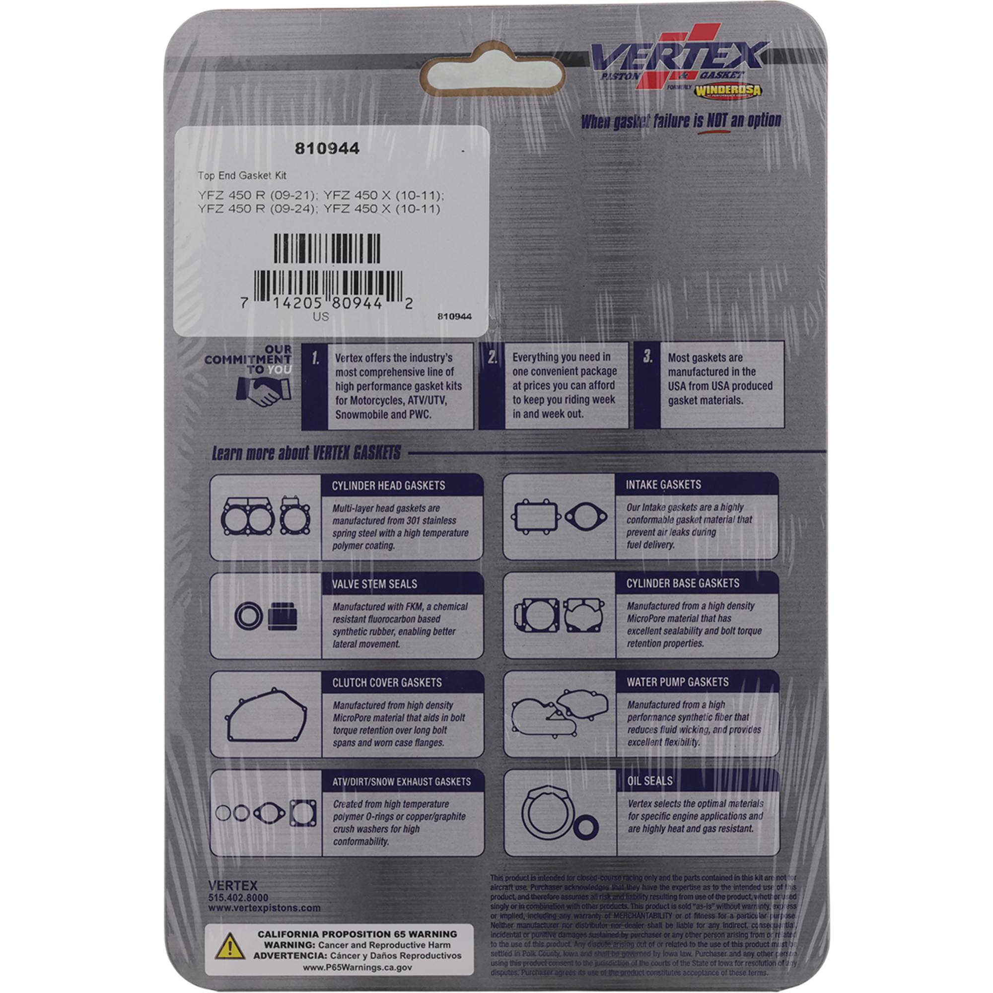 Vertex Top End Gasket Kit for Yamaha YFZ 450 X (10-11) 860VG810944