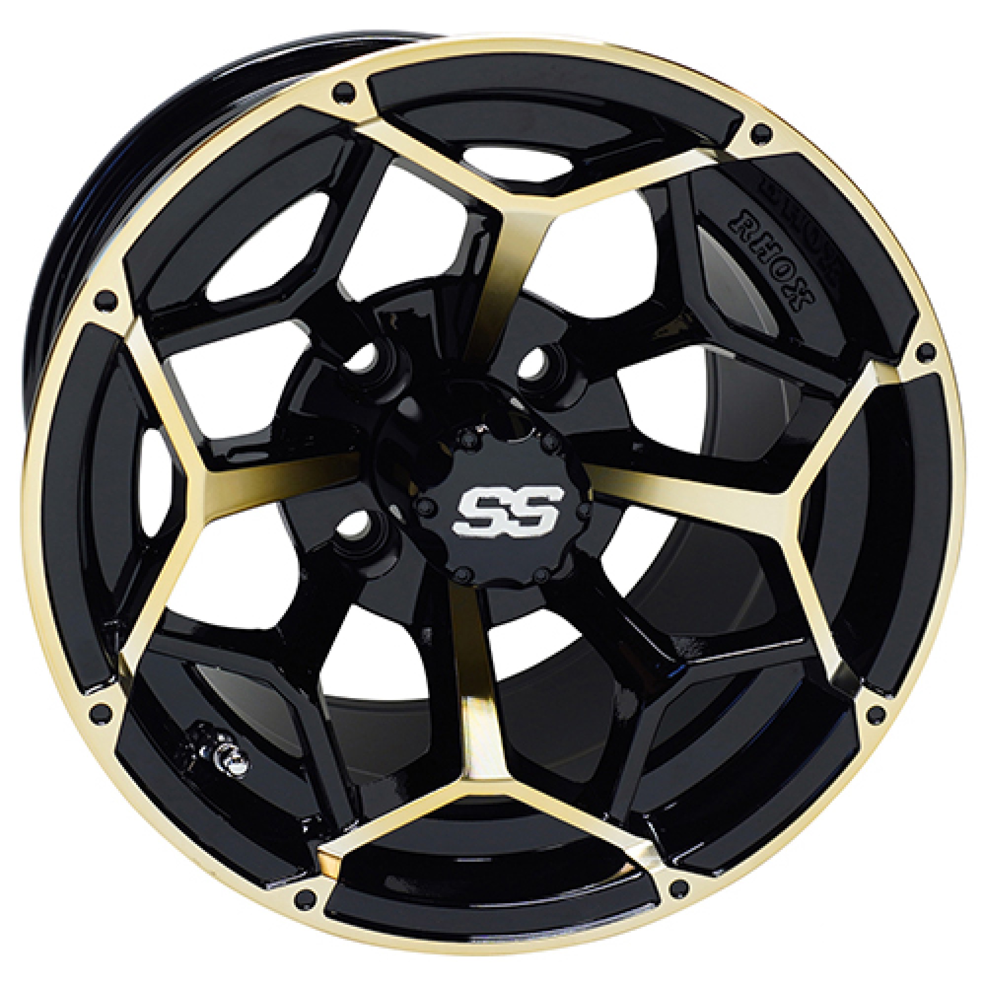 Wheel Gloss Black with Gold, 14x7 ET-25 Golf Carts; TIR-RX383-BGD