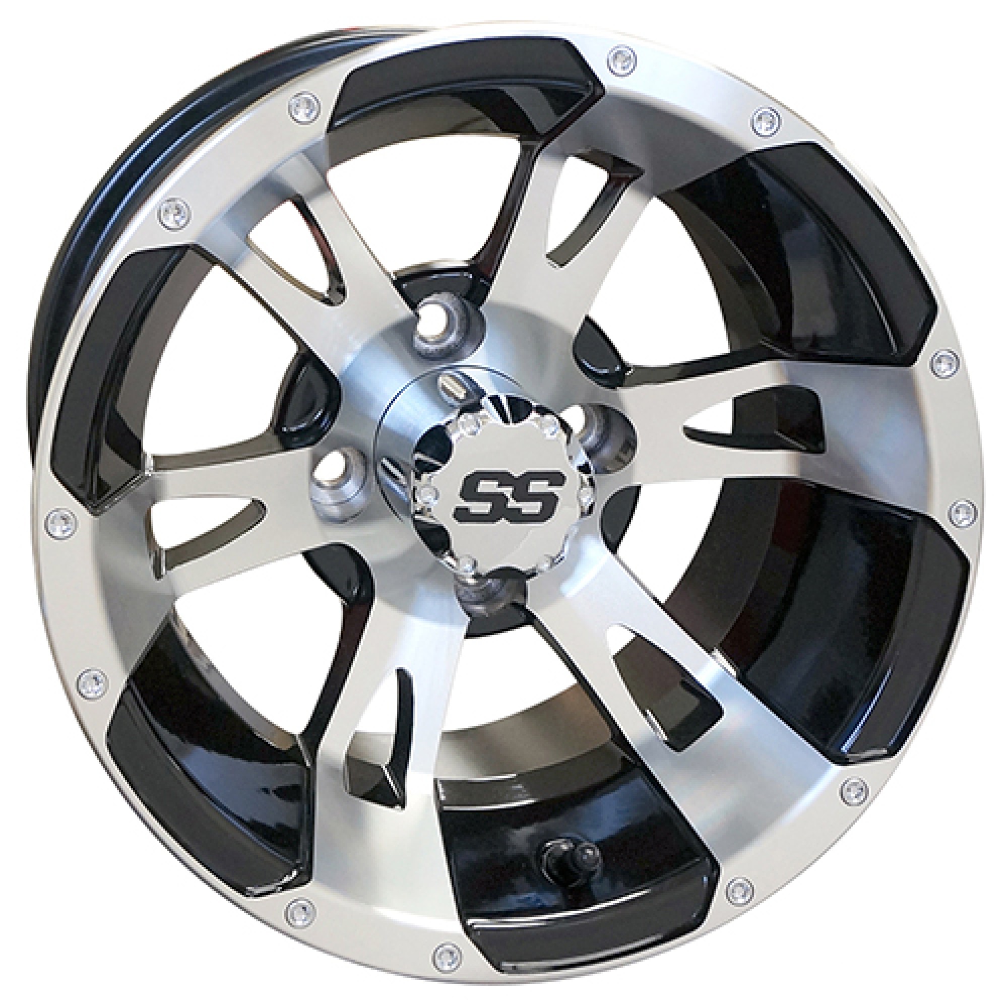 Wheel Machined w/ Black w/ Center Cap, 12x7 ET-25 Golf Carts; TIR-RX320